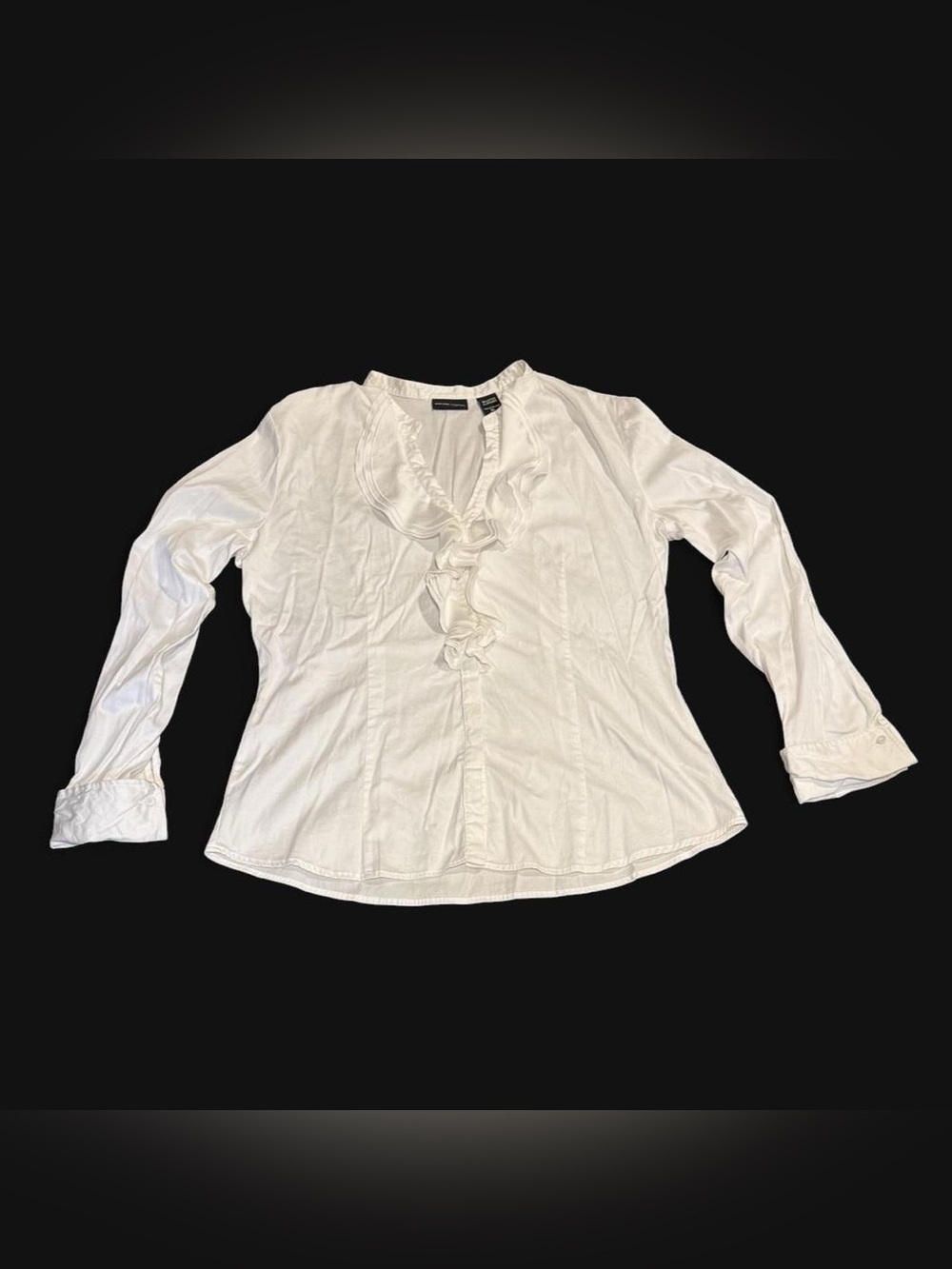 New York & Company White Long Sleeved Ruffle Collar Blouse Size S